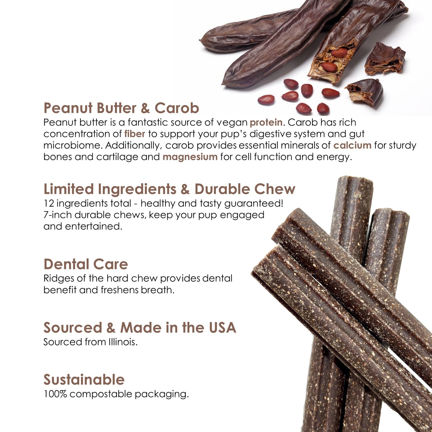 Peanut Butter & Carob Vegan Dental Treat Sticks for Dogs | 2.2 lb